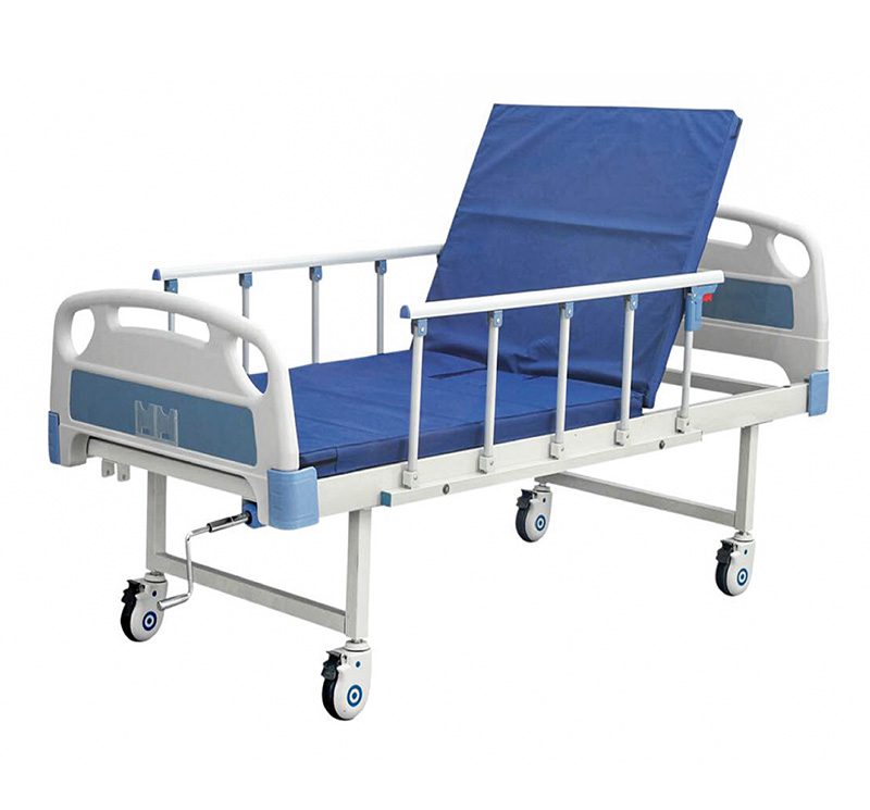 Single Crank Manual Hospital Bed with Waterproof Medical Mattress -Blue