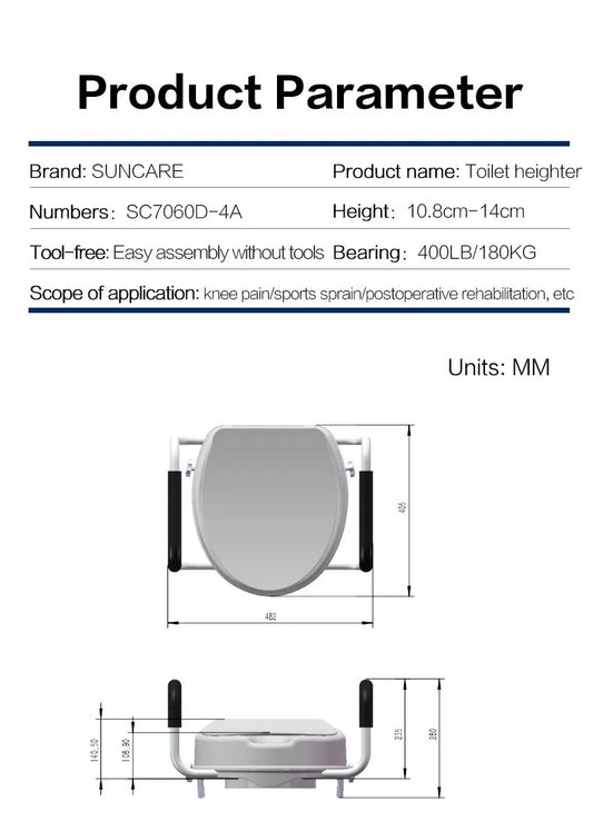Raised Toilet Seat - Universal Fit with Detachable Armrests and Lid