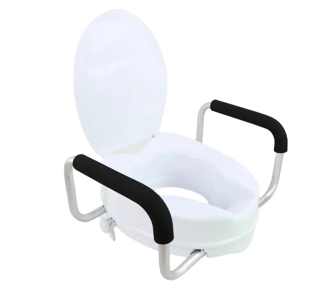 Raised Toilet Seat - Universal Fit with Detachable Armrests and Lid