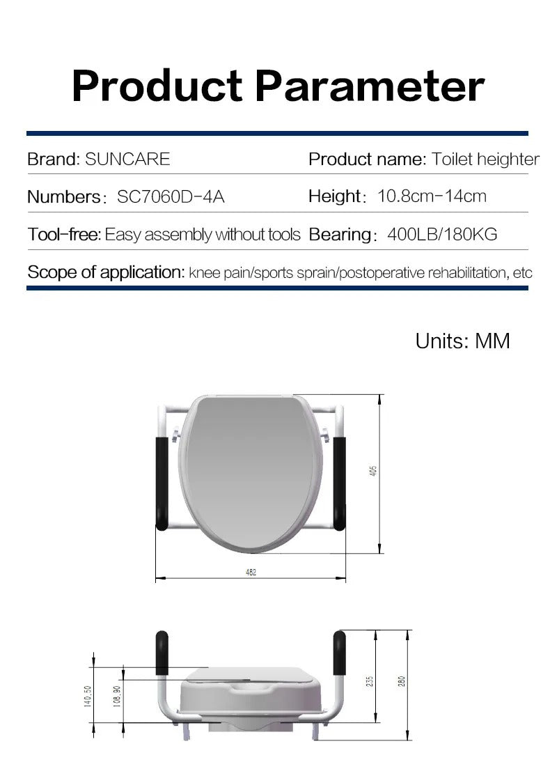 Raised Toilet Seat - Universal Fit with Detachable Armrests and Lid